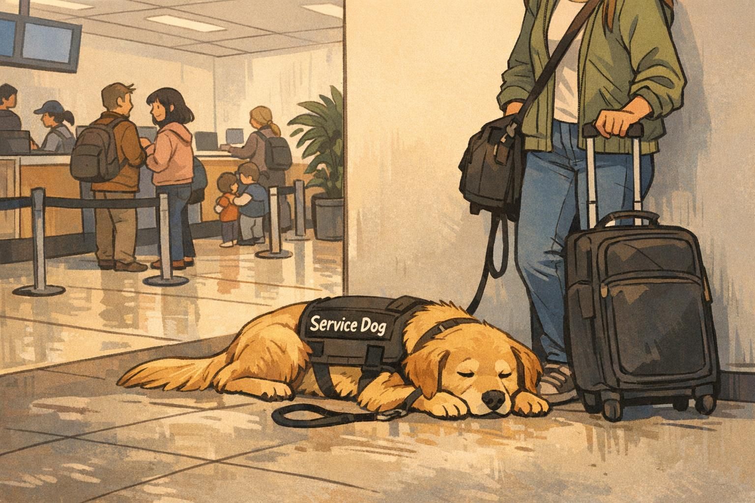 Assistance dog decompressing calmly beside its handler near a quieter wall in an airport check-in area, illustrating travel-day breaks to reduce overload.