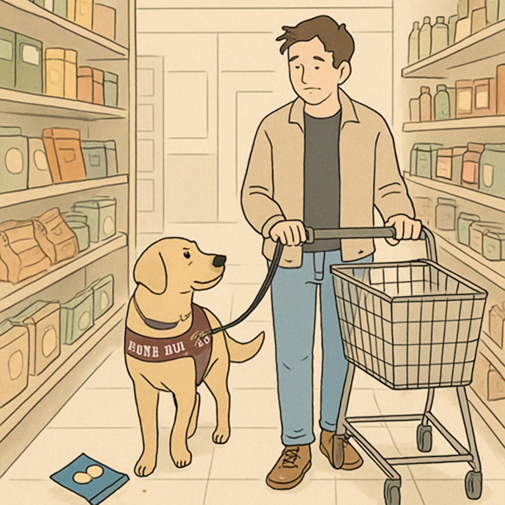 Service dog walking beside its adult handler in a grocery aisle, calmly maintaining focus despite a dropped snack on the floor.