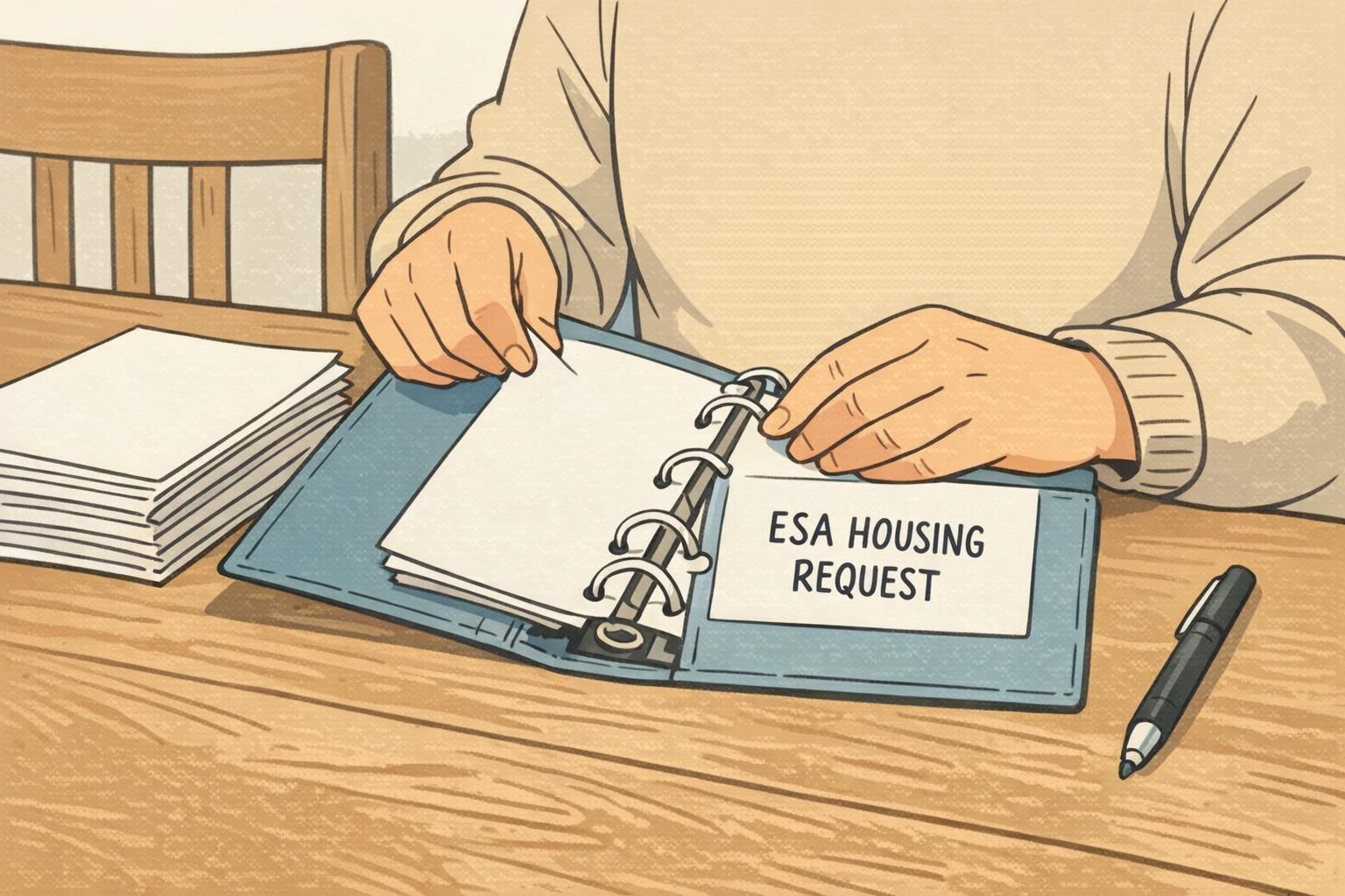 Close-up of hands organizing a binder of housing accommodation documents with neatly stacked papers and a pen on a dining table.