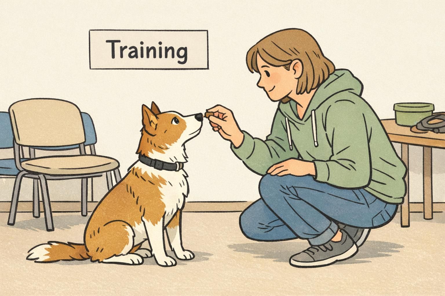 In a small training class, a service dog maintains eye contact as the handler rewards with a treat, showing engagement and trainability in a low-distraction setting.