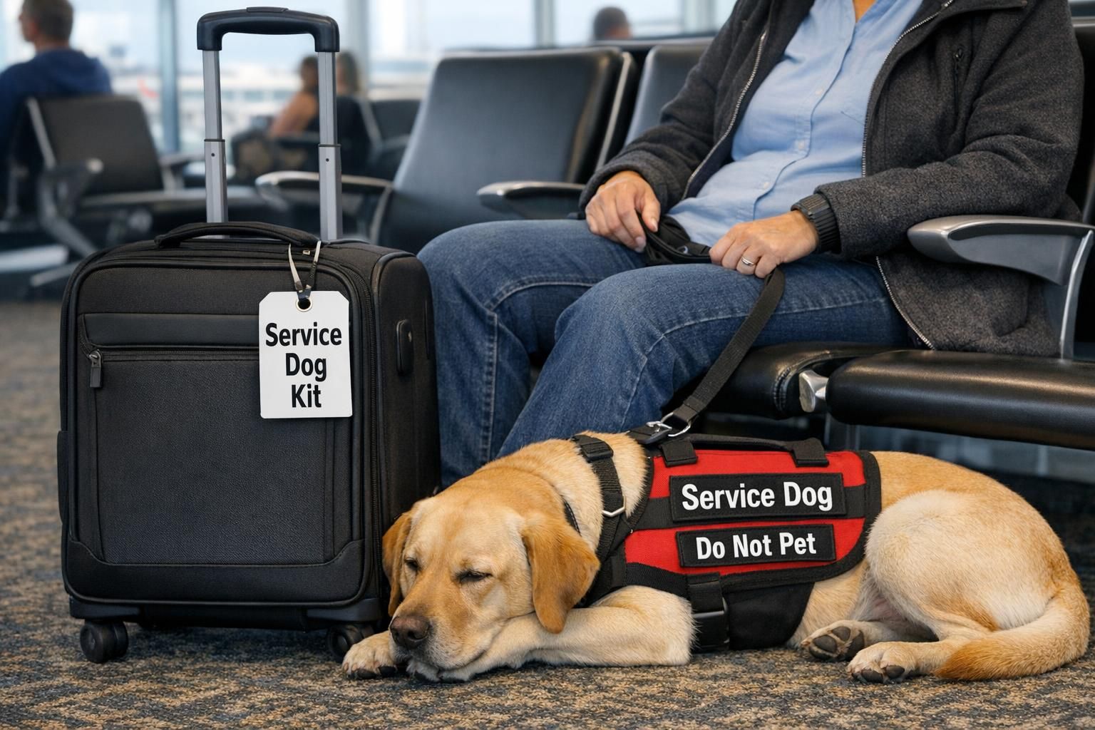 At an airport gate, a traveler and service dog rest with carry-on luggage nearby and an accessible medication kit for travel.