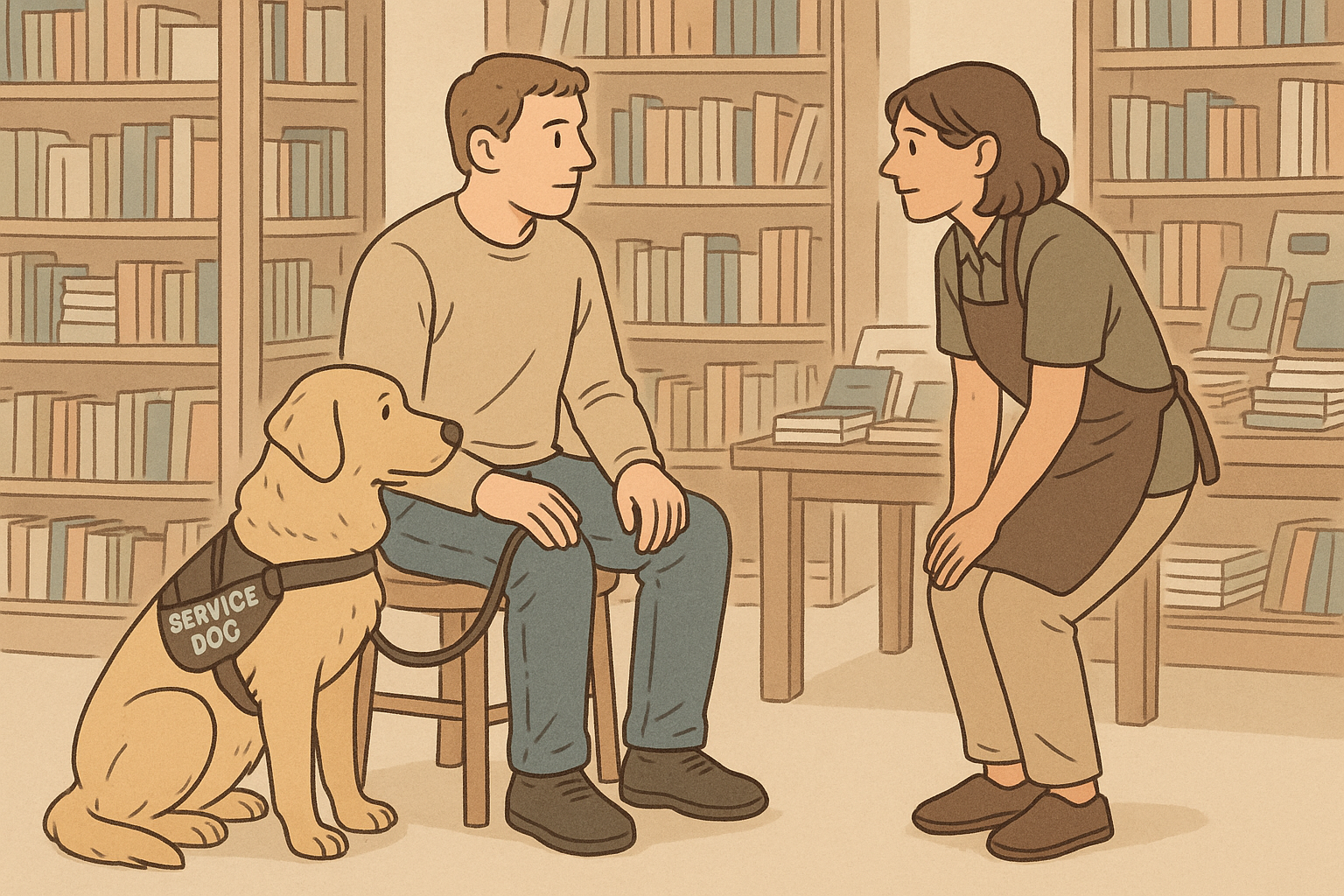Service dog wearing a harness sitting calmly beside its handler in a bookstore while an employee engages respectfully with them.