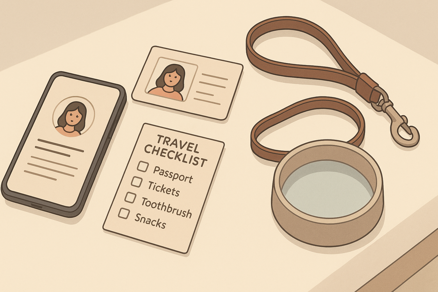 Tidy desk with a smartphone showing a digital animal profile, a printed ID card, and a small travel checklist next to leash and water bowl for travel prep.