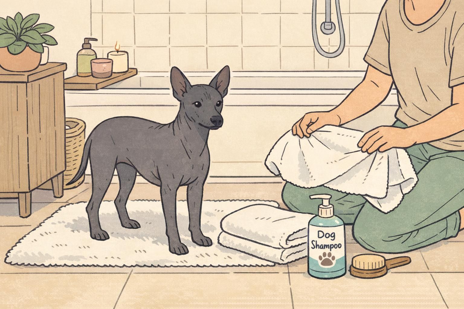 A hairless Xoloitzcuintli standing calmly in a gentle dog bath setup with shampoo and towel, highlighting skin care practices for low-shed or hairless service dogs.