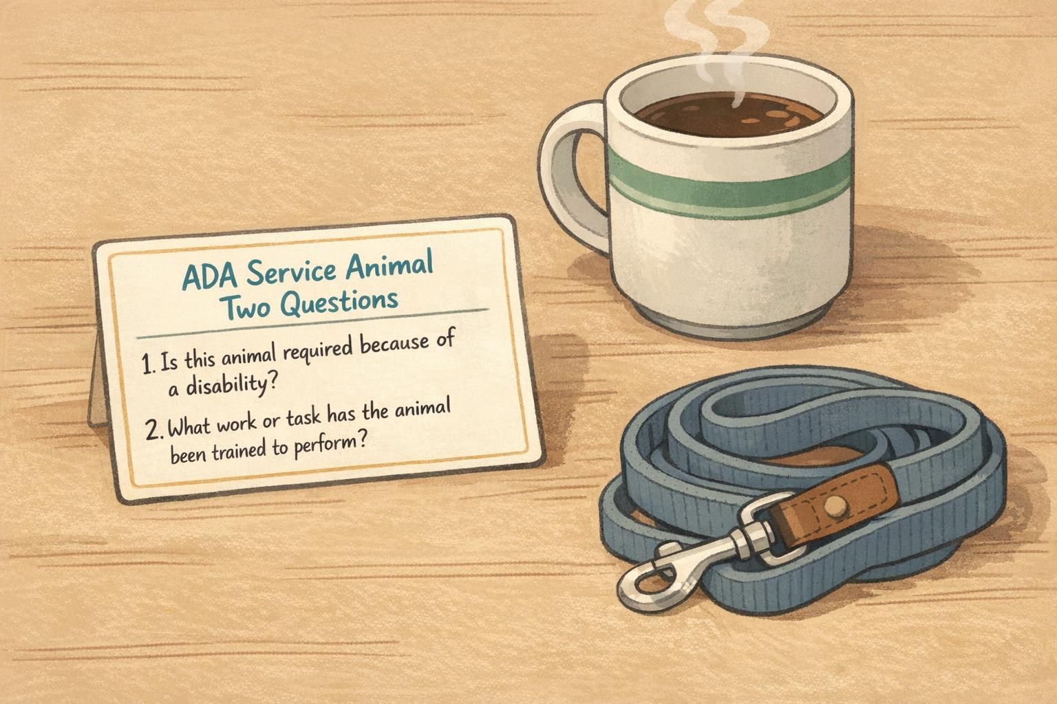 Close-up tabletop view of a wallet-sized service animal info card beside a mug and folded leash, highlighting the ADA two-question guidance for staff.