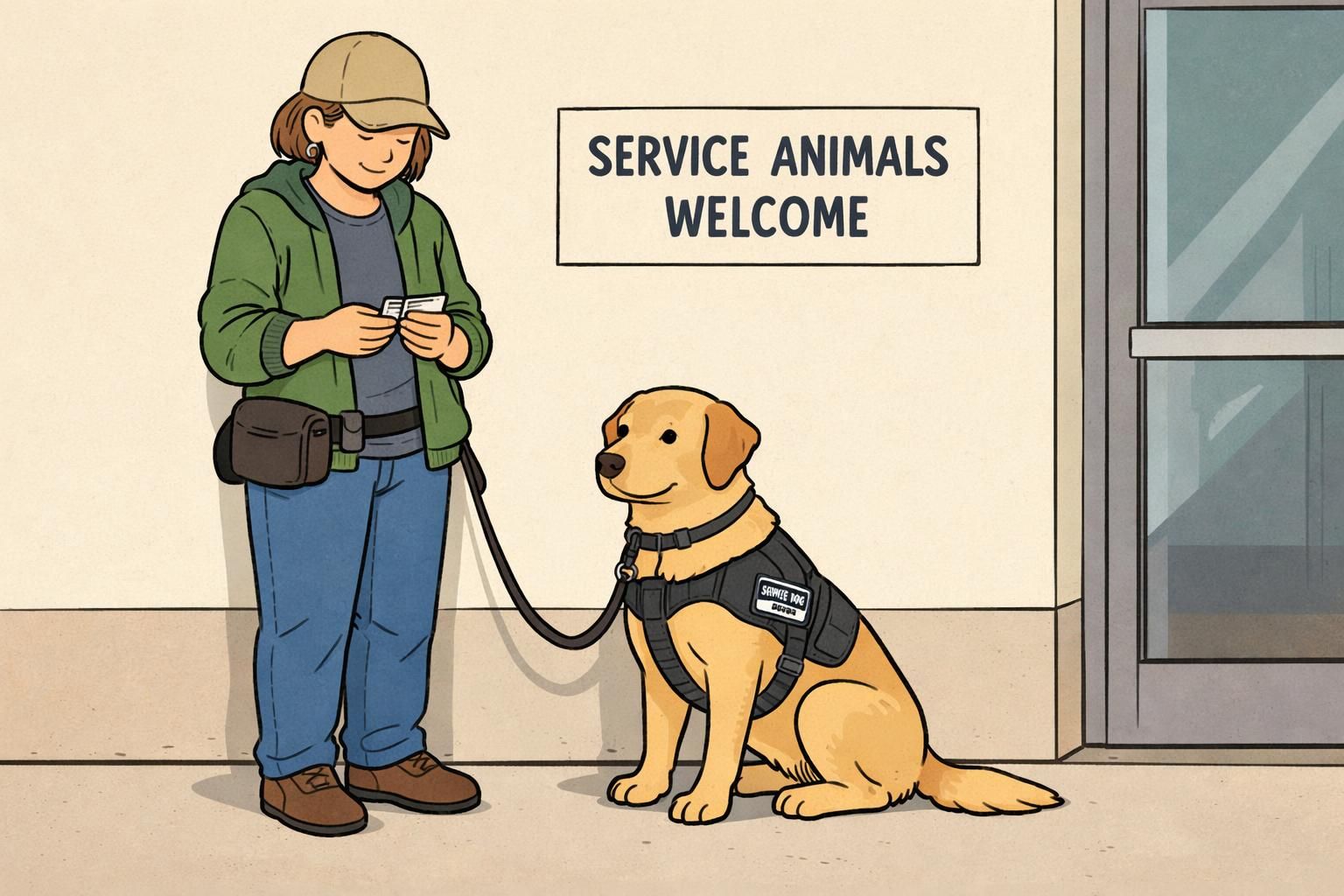 Handler holds a stack of wallet cards near a building entrance while a service dog stands at heel beside them under a simple service-animal-friendly sign.