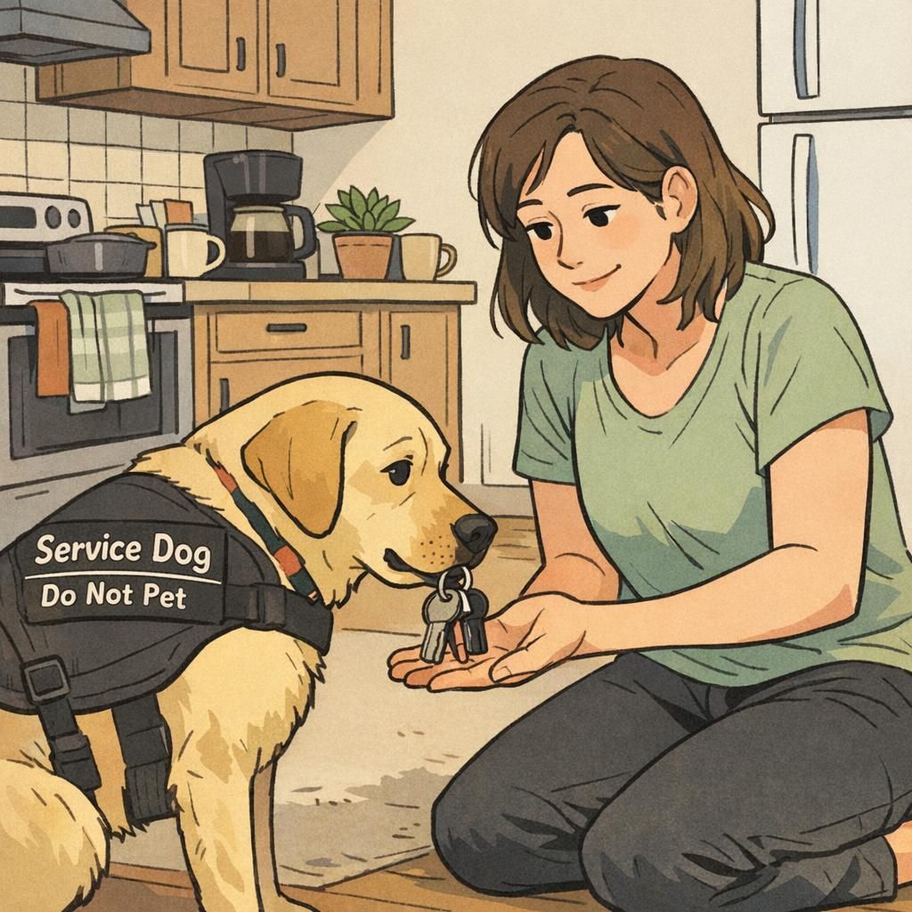 A service dog retrieves dropped keys and places them into an adult handler’s hand in a cozy apartment kitchen, illustrating everyday independent living support.