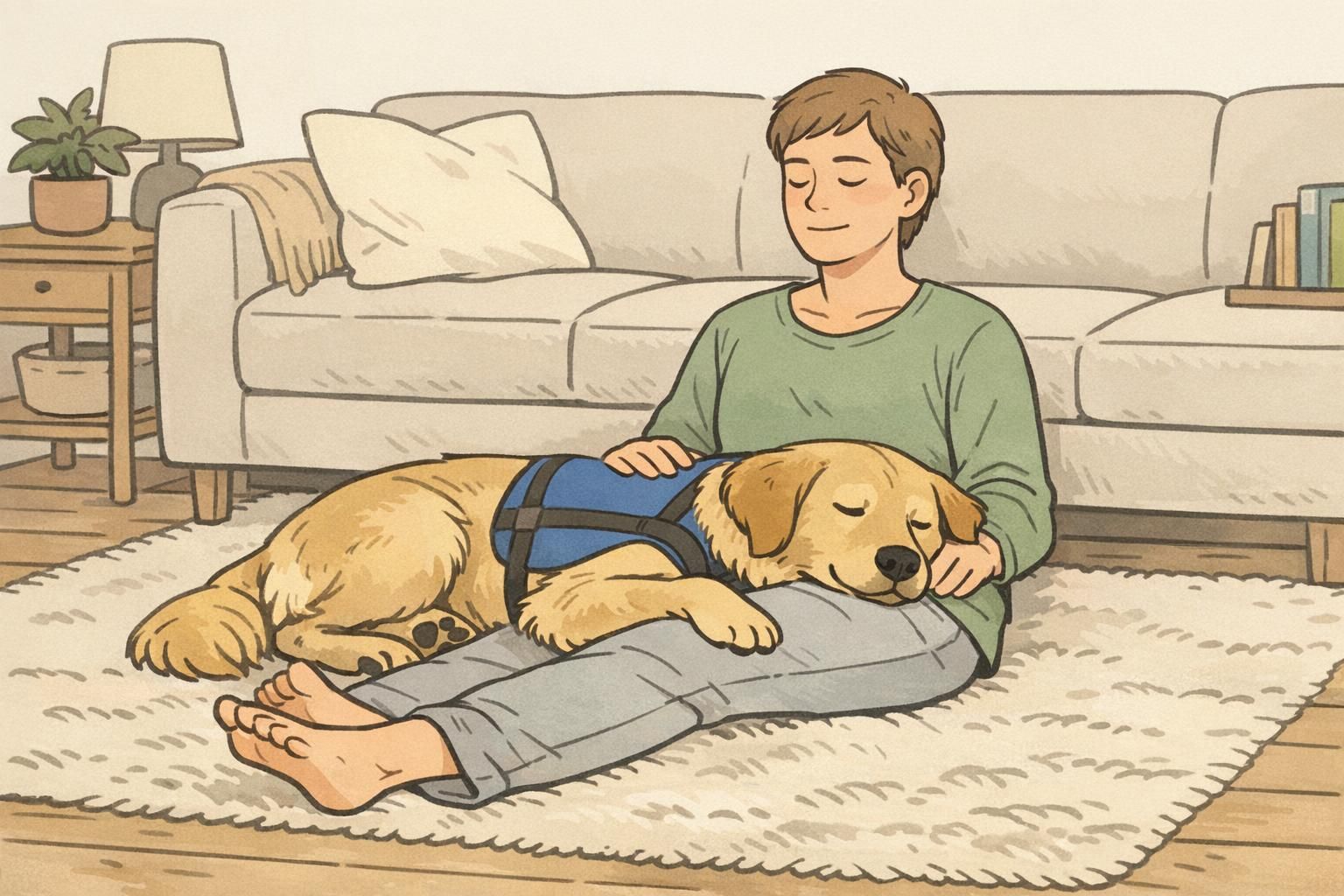 A service dog lies gently across a handler’s legs on a rug providing deep pressure therapy to help grounding during dizziness or shakiness.