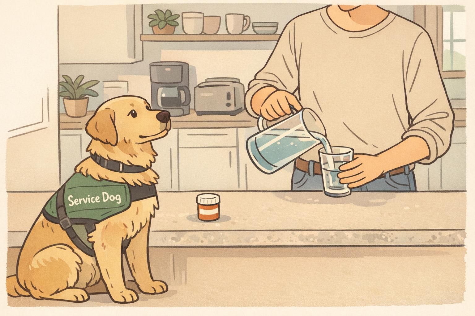 An adult prepares a glass of water at a kitchen counter while a service dog sits attentively beside a medication container kept in a consistent spot.