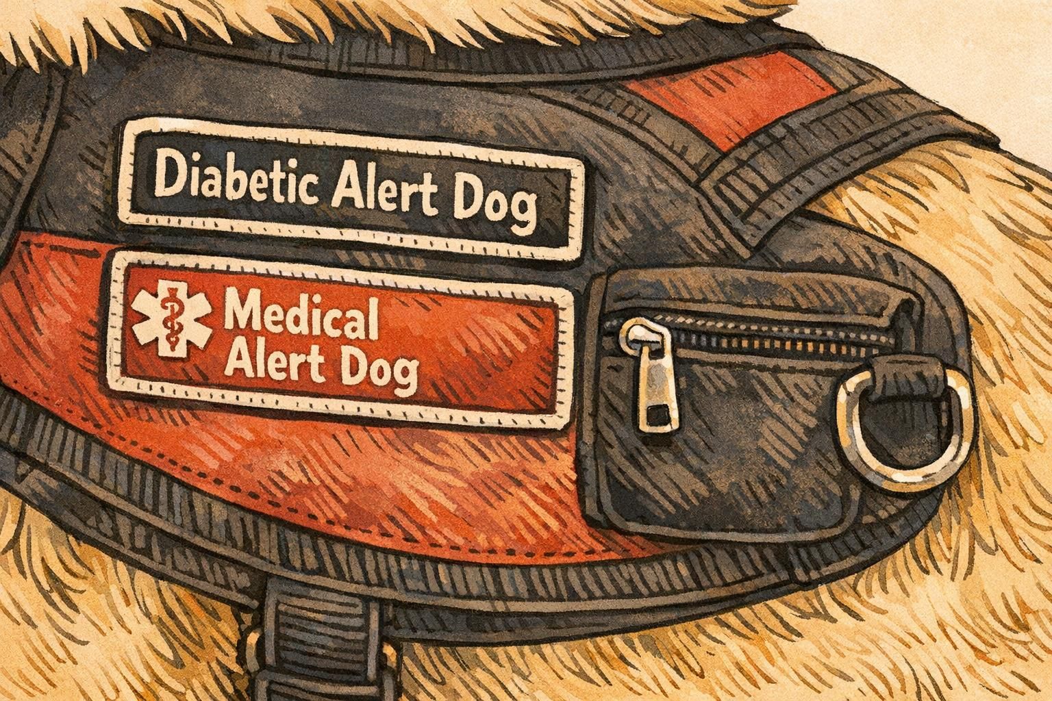 Close-up of a well-fitted diabetic alert dog vest showing a low-profile zip pocket and a metal D-ring for secure attachments.