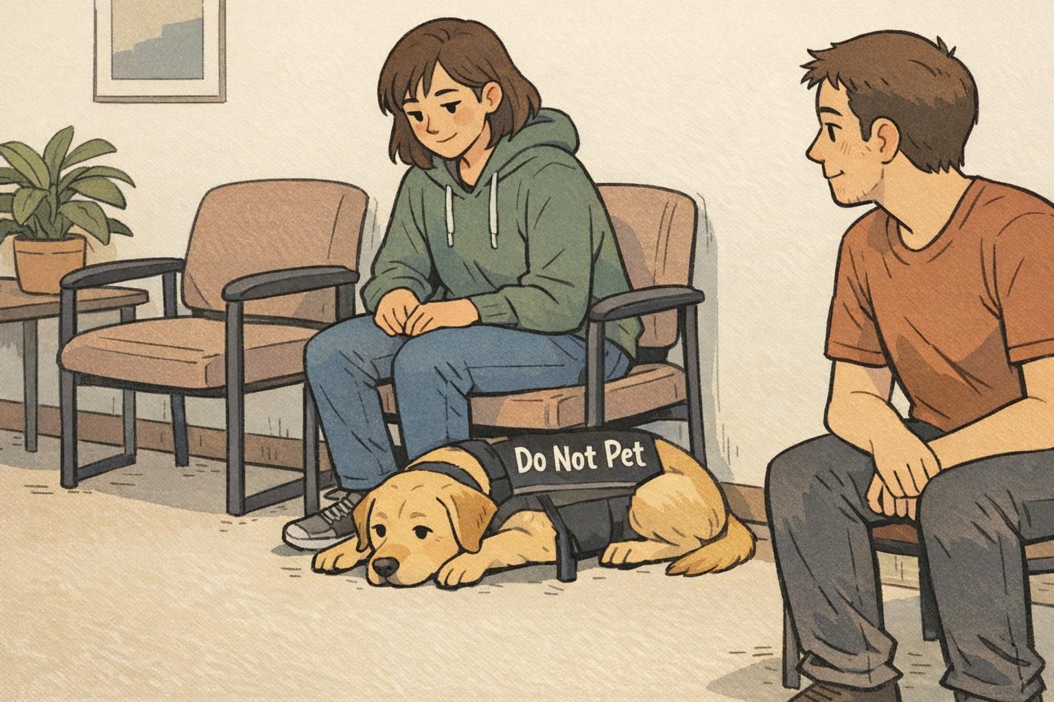 Waiting room: a service dog sits neatly tucked under a chair, quietly focused while others wait nearby and the handler remains seated.