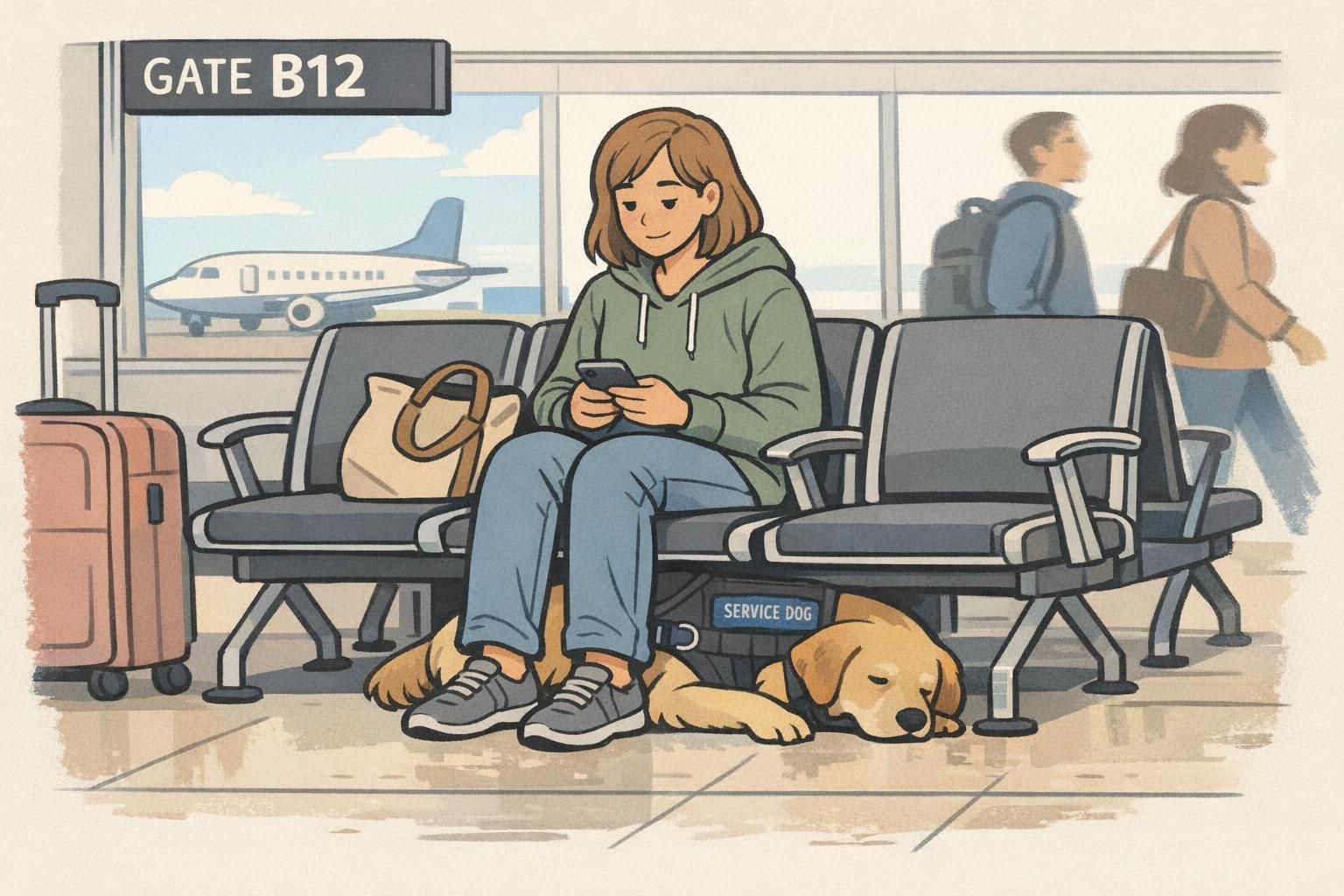 Handler seated at an airport gate with their service dog resting under the chair and ignoring nearby passersby.