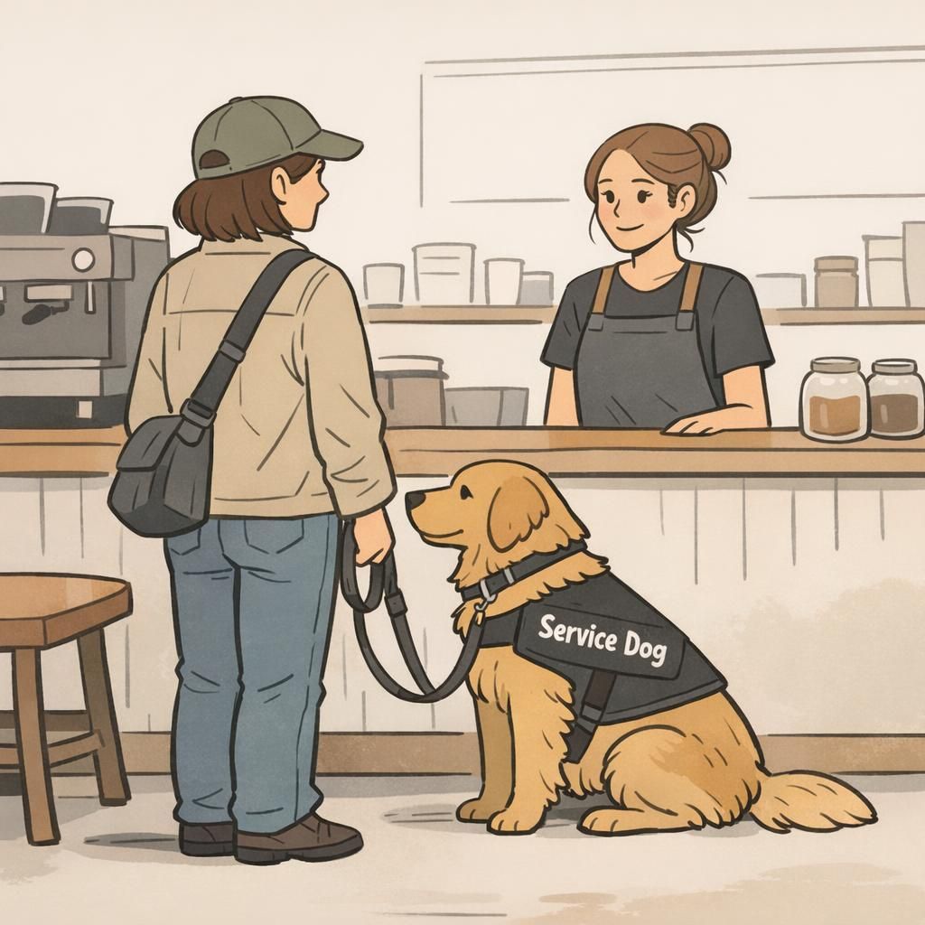 A service dog stands attentively beside its adult handler at a coffee shop counter while the barista smiles, showing a calm, everyday public-access moment.