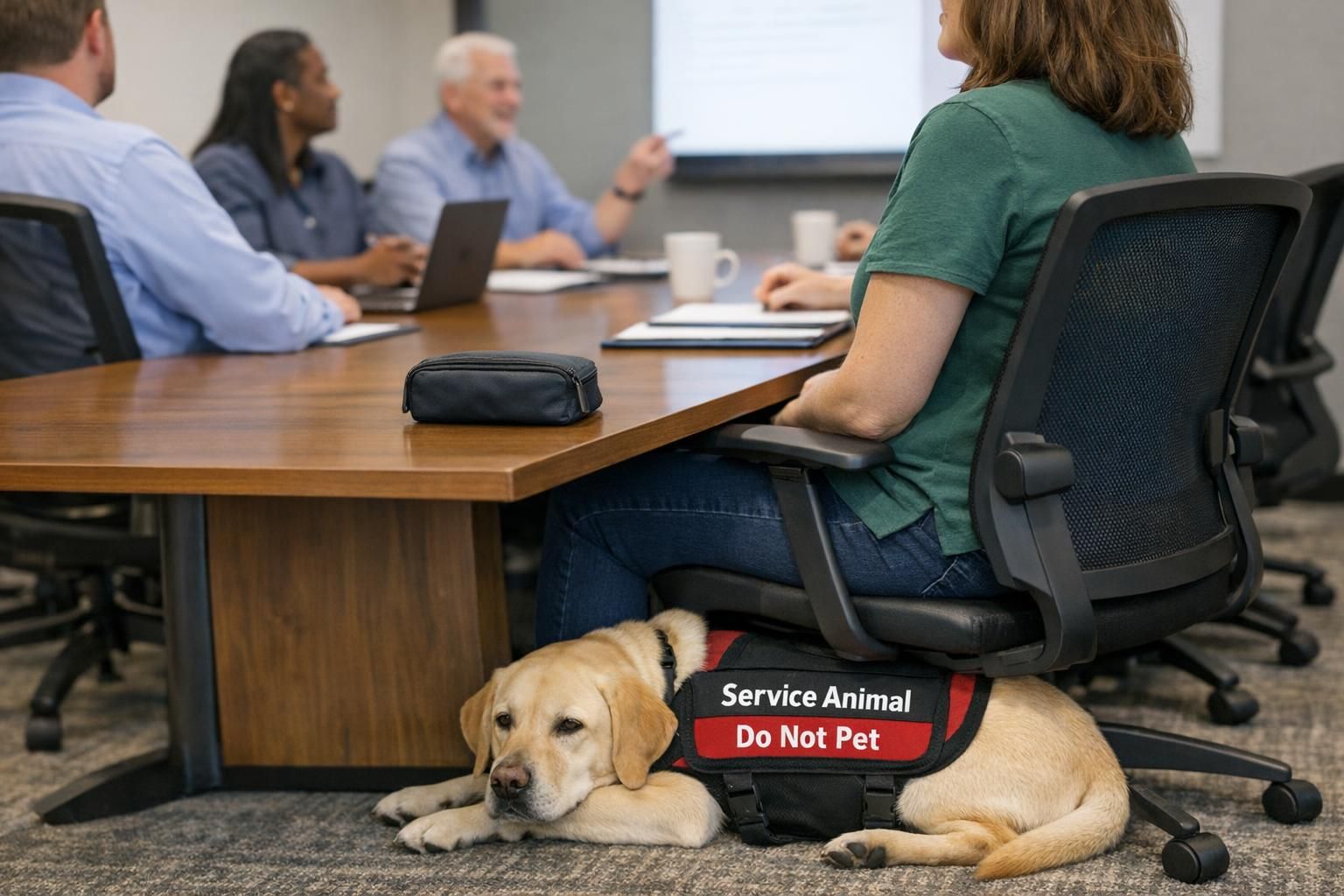 A meeting room scene with a service dog resting under a chair beside its handler and a small medication pouch placed on the table.