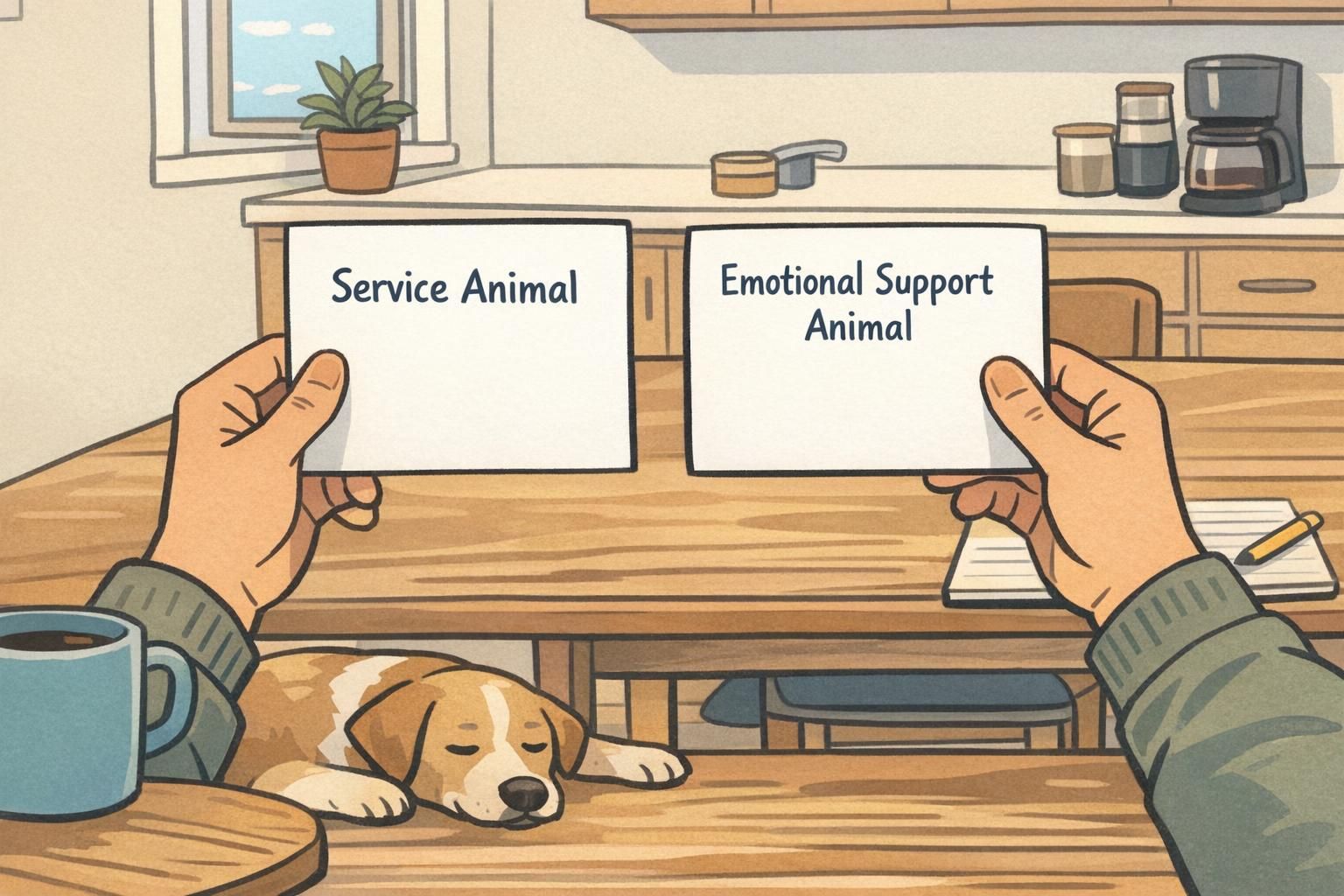 An adult seated at a table compares two simple reference cards about animal roles while a dog rests nearby, illustrating the distinction between support animal types.